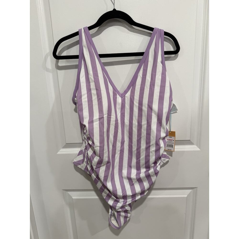 NWT Kona Sol One Piece Swimsuit Womens 20W Purple Stripe Adjustable Beach Pool